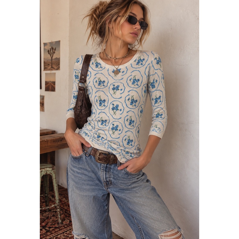 Vintage 70s Healthknit Thermal Top Blue Floral Waffle Knit Made in USA Medium